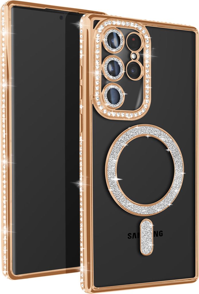 Avizar, Diamant-Hülle für Samsung S23 Ultra – MagSafe-Schutz mit Strass-Rand, Gold