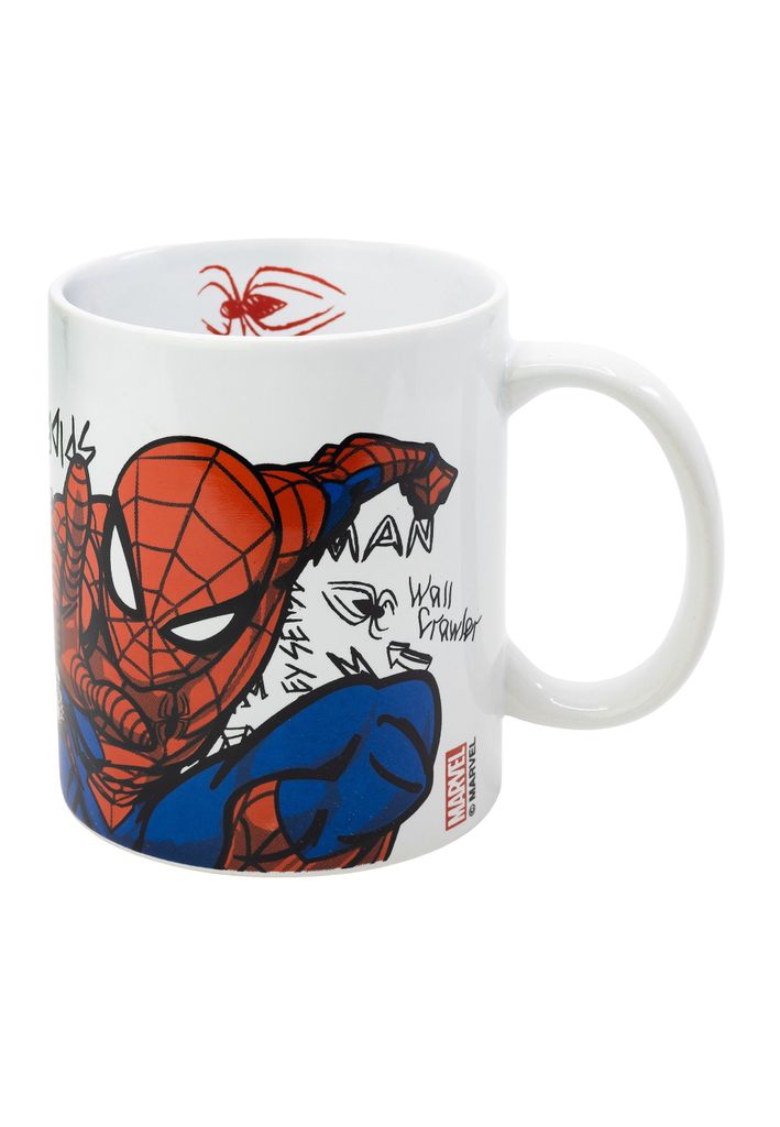 A white ceramic mug with a Spiderman graphic design and text.