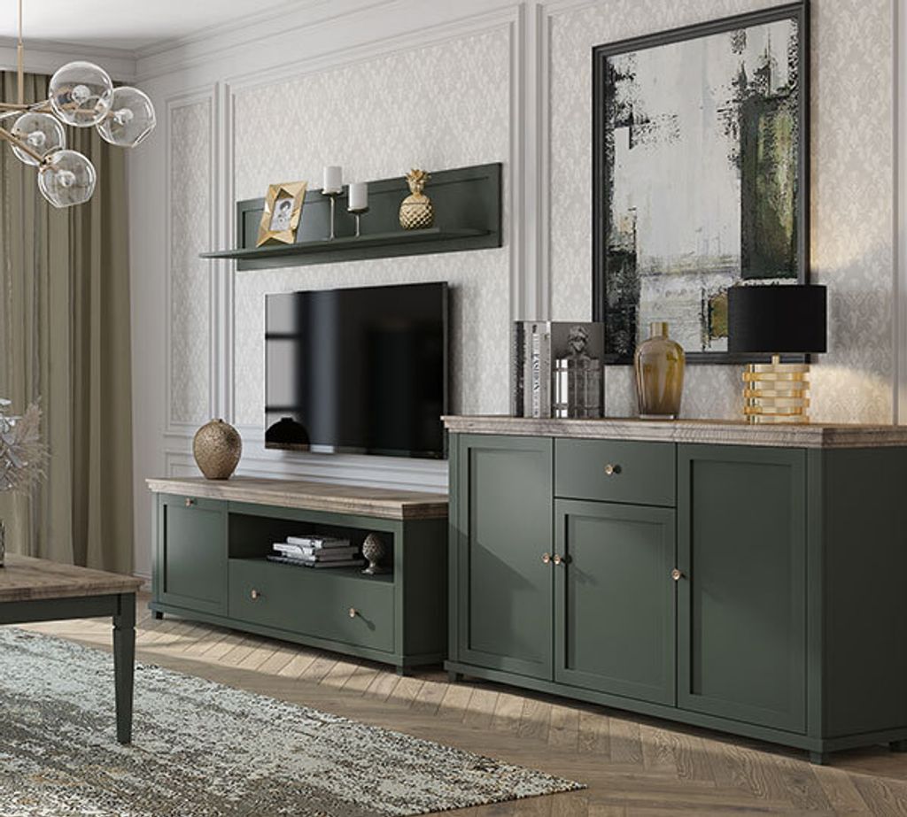 Wohnwand Anbauwand Mediawand 3-teilig grün eiche lefkas Landhaus