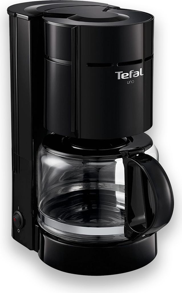 A black Tefal Uno filter coffee machine is shown against a white background.