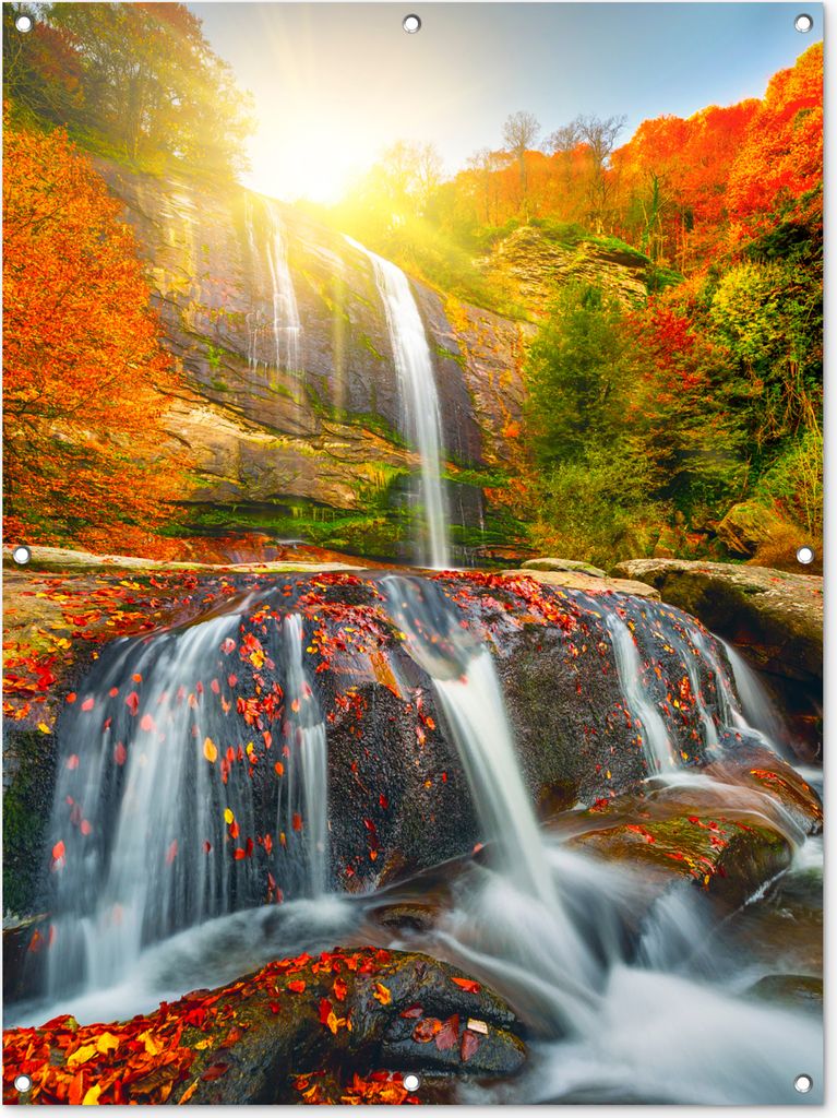 MuchoWow 90x120 cm Outdoor-Poster Gartendeko Sichtschutz Garten Poster für den Garten Wasserfall - Natur - Herbst - Rot - Wasser