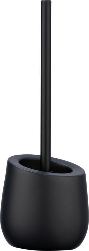 A black toilet brush holder with a brush inside, set against a white background.