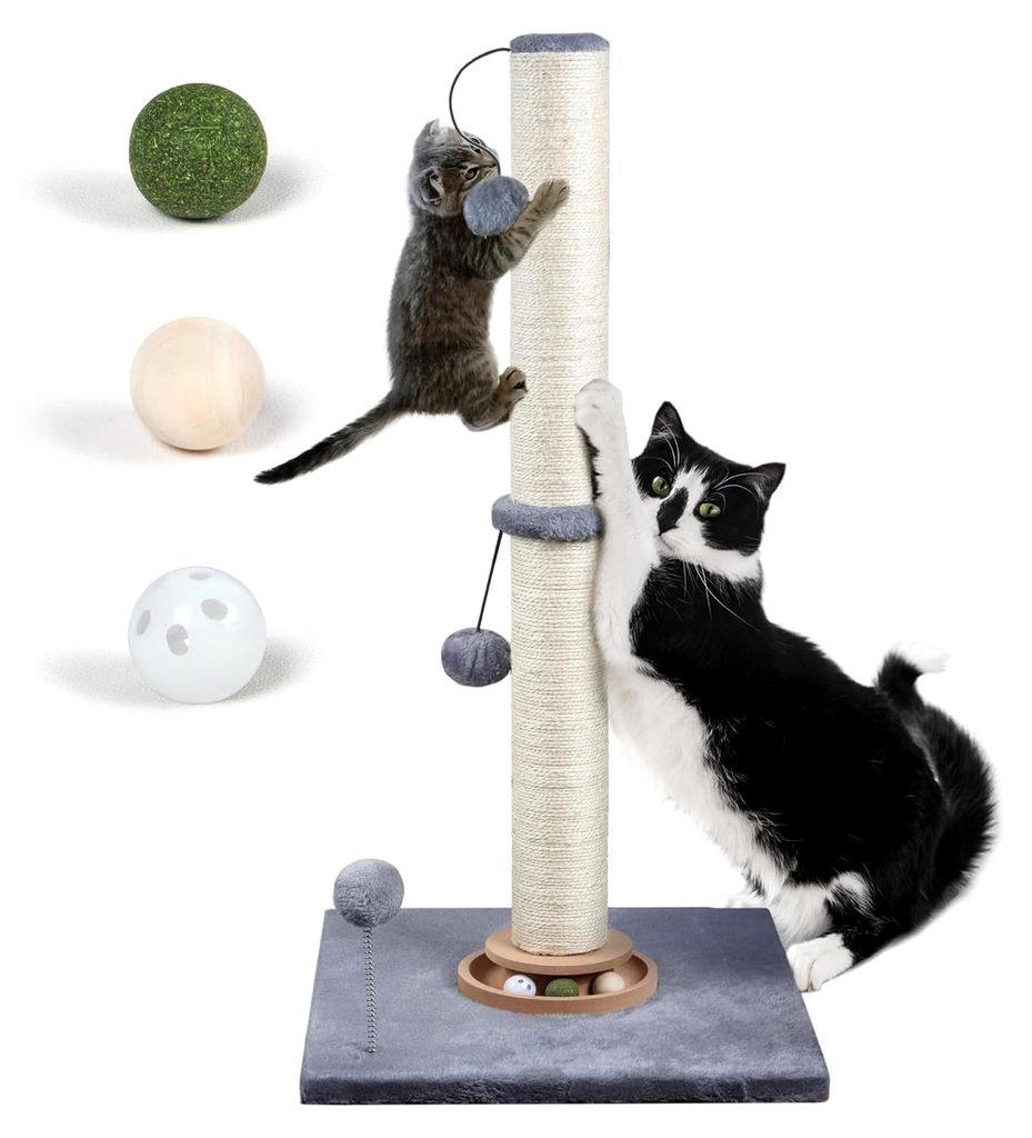 78 cm hoher Kratzbaum für Katzen, interaktives Spielzeug für Wohnungskatzen, mit Katzenminze-Bällen und Sisal-Kratzseil, grau