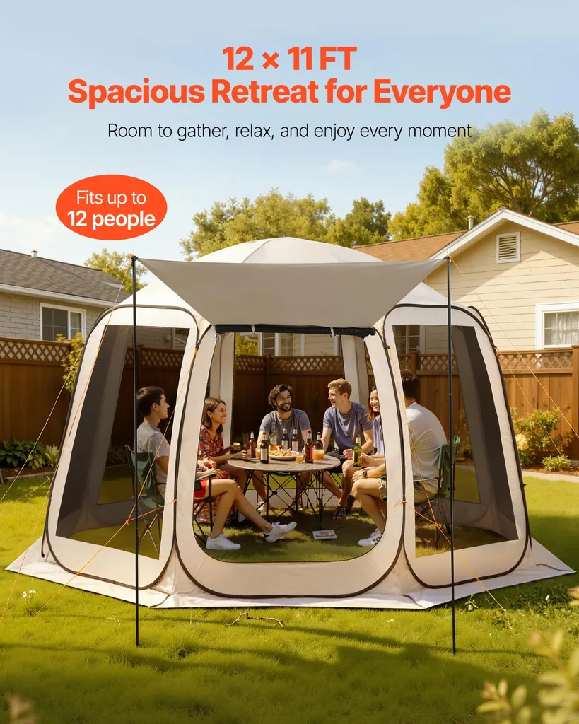 Tenda da campeggio VEVOR, 365,76x335,28x230 cm, tenda pop-up con tenda estensibile, tenda per feste per 10-12 persone, inclusa borsa per il trasporto e pareti laterali in rete, per patio e attività all'aperto, beige - 3