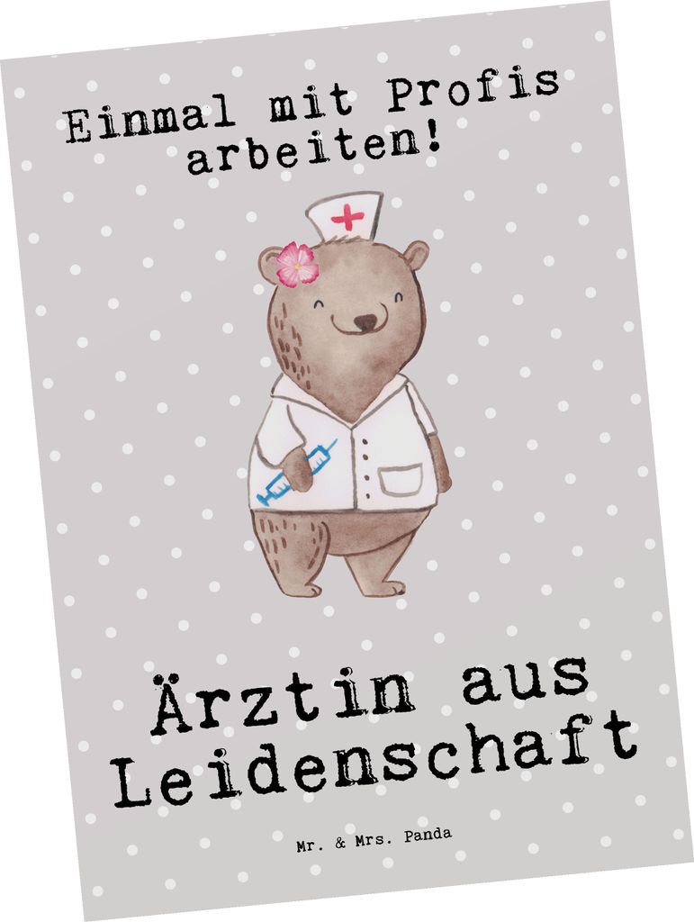 Mr. & Mrs. Panda Postkarte Ärztin Leidenschaft - Grau Pastell - Geschenk, Arztpraxis, Ansichtskarte, bildkarte, Postkarten, Krankenhaus, Medizinst...