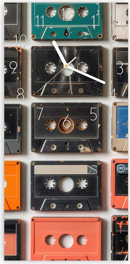 Wanduhr aus Glas mit Motiv Vintage Kassetten Plakat- 30 x 60 cm - inkl. Aufhängesystem