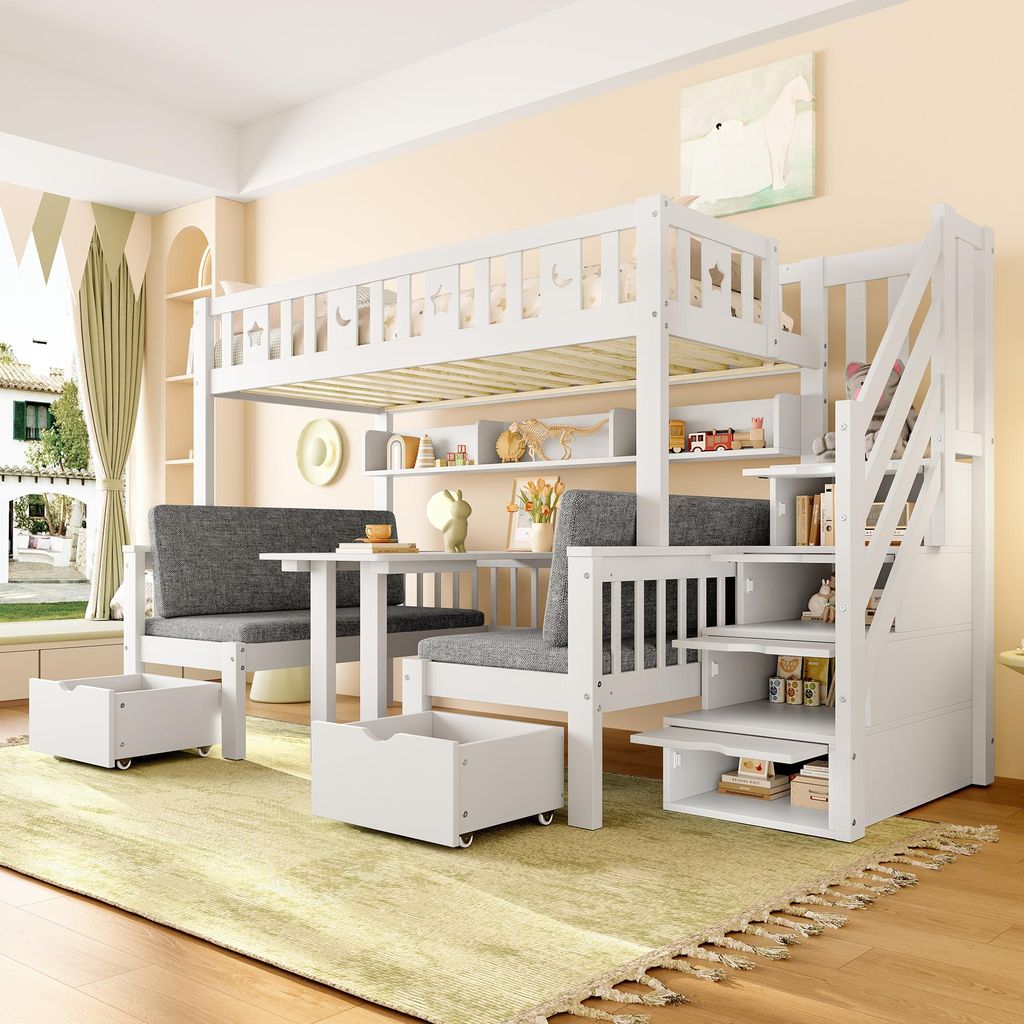 MODFU Hochbett Kinderbett 90x200 mit Schreibtisch dickes graues Kissen,Jugendbett Holzbett mit Stauraumleiter,Multifunktionales Bettgestell,Ohne Ma...