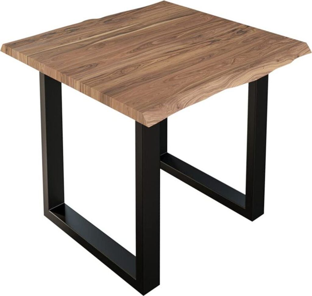 Esszimmertisch 90x90 cm Lauren, Baumkantentisch aus Akazienholz, massiv + stonefarben, U-Metallgestell Schwarz, Esstisch mit echter Baumkante