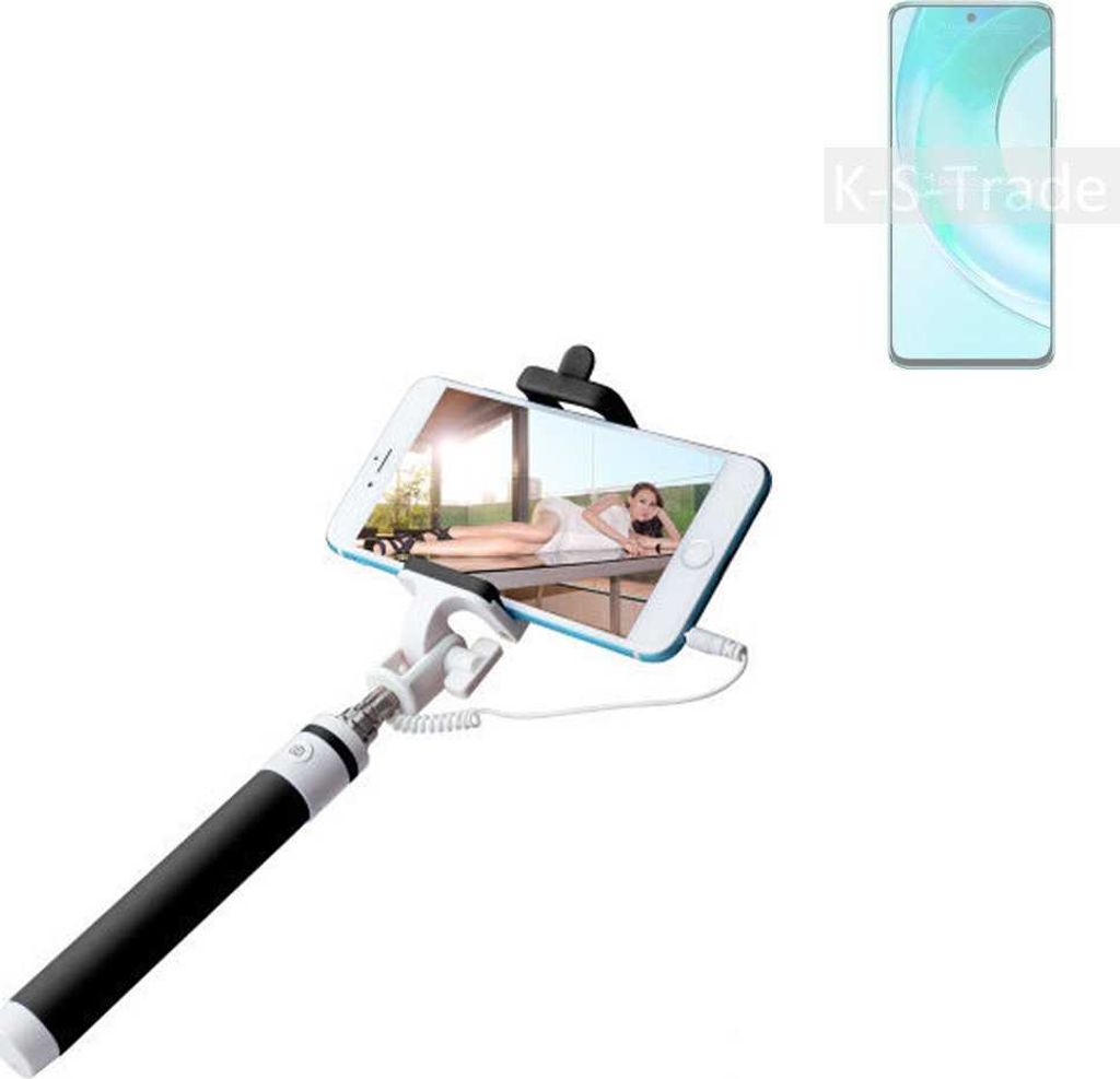 K-S-Trade Selfie Stick kompatibel mit Wiko T50 Selfiestick kabelgebunden Monopod mit Kabel Stab Stange Selfportrait Handheldstick schwarz 1x