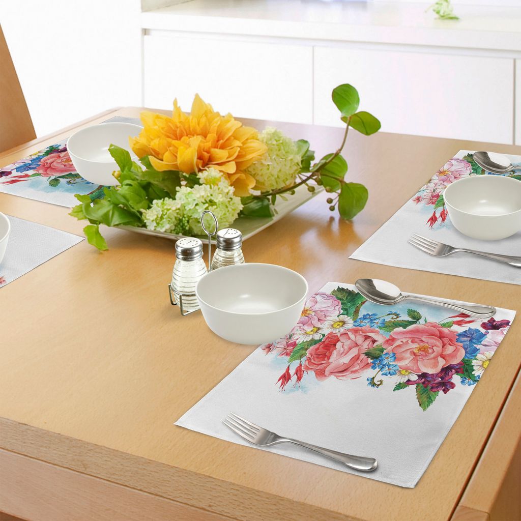 ABAKUHAUS Blume Platzmatten, Blätter mit Zweig Rosen Gänseblümchen und Flieder Pflanzen Natur Thema Vintage Kunstdruck, Tiscjdeco aus Farbfesten...