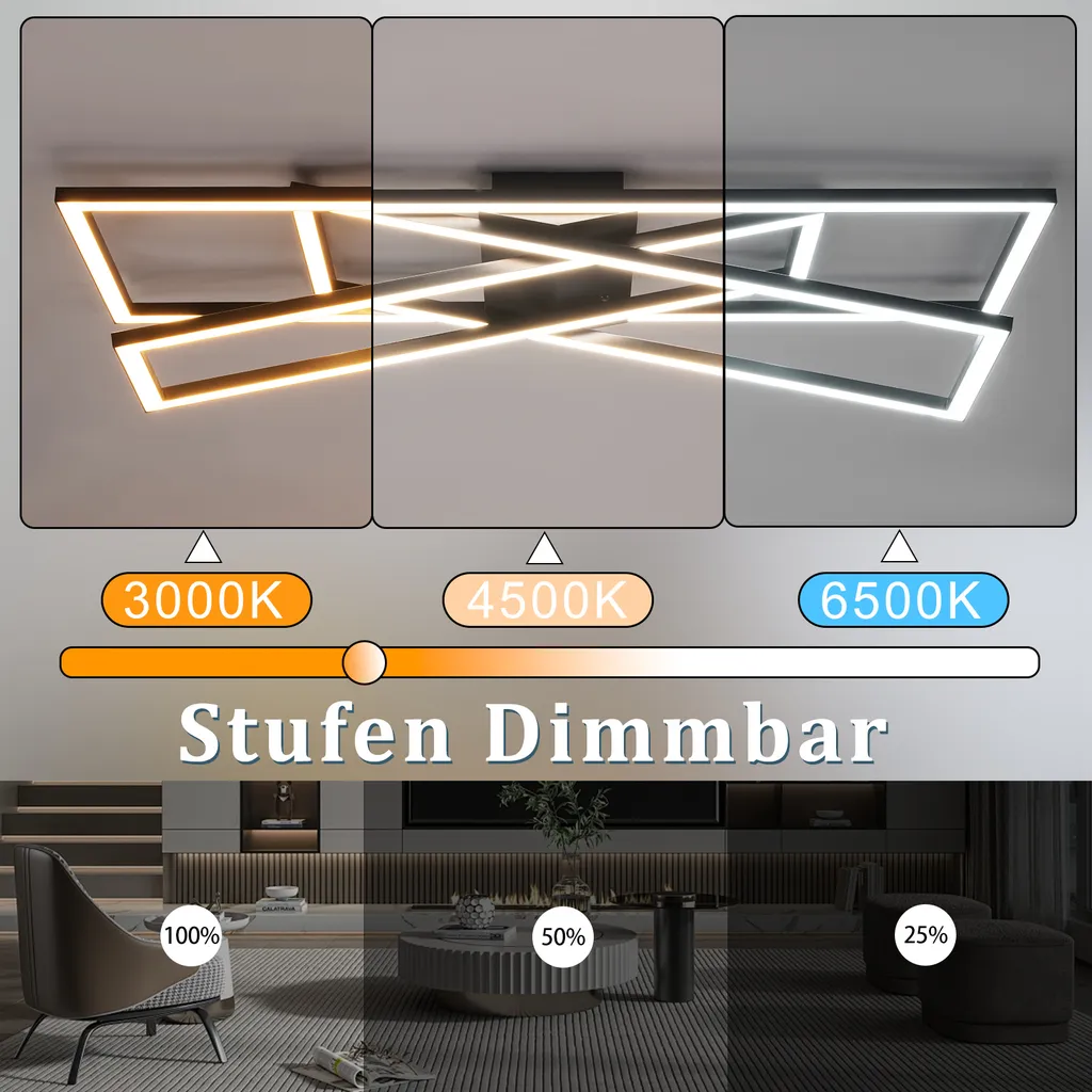 ZMH Plafonnier LED Dimmable 45W Noir avec Télécommande pour Salon Moderne