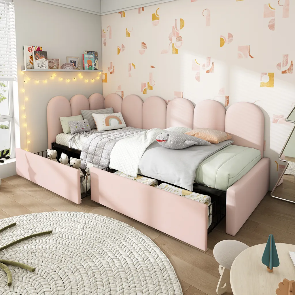 Flieks Lit rembourré 90x200cm avec 2 tiroirs et sommier à lattes Rose