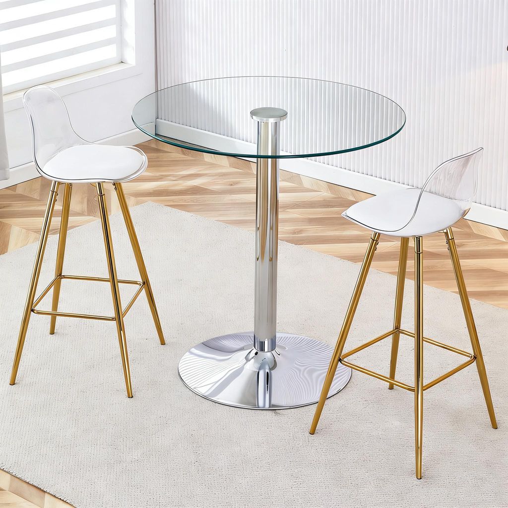 Flexibles Bar-Set: Runder Glastisch mit 89 cm Durchmesser + 2 Barhocker mit goldfarbenen Beinen. Transparente Optik Vielseitig einsetzbar Schafft v...