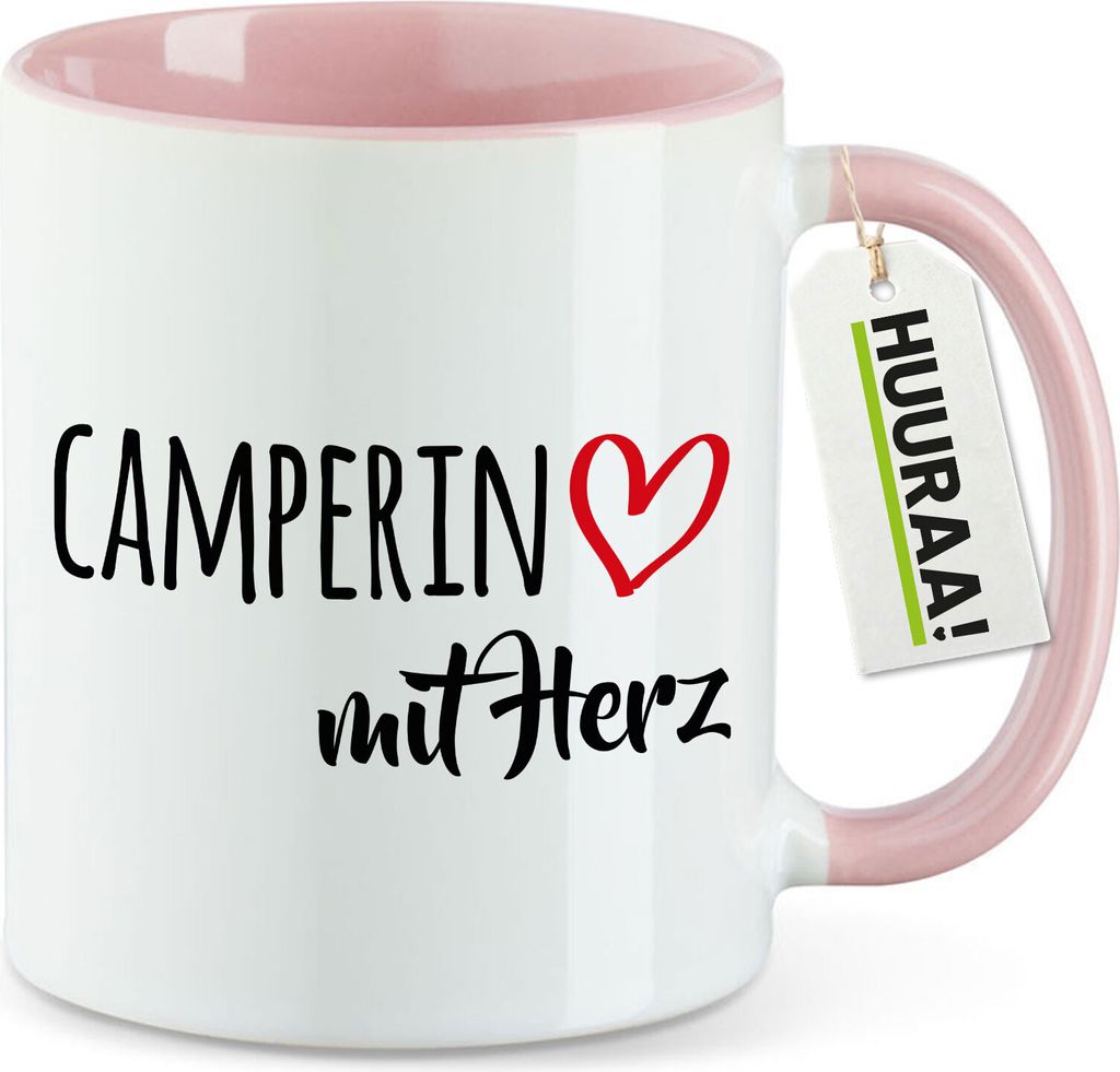 Huuraa Kaffeetasse Camperin mit Herz 330ml Rosa Keramik Kaffeebecher Geschenkidee