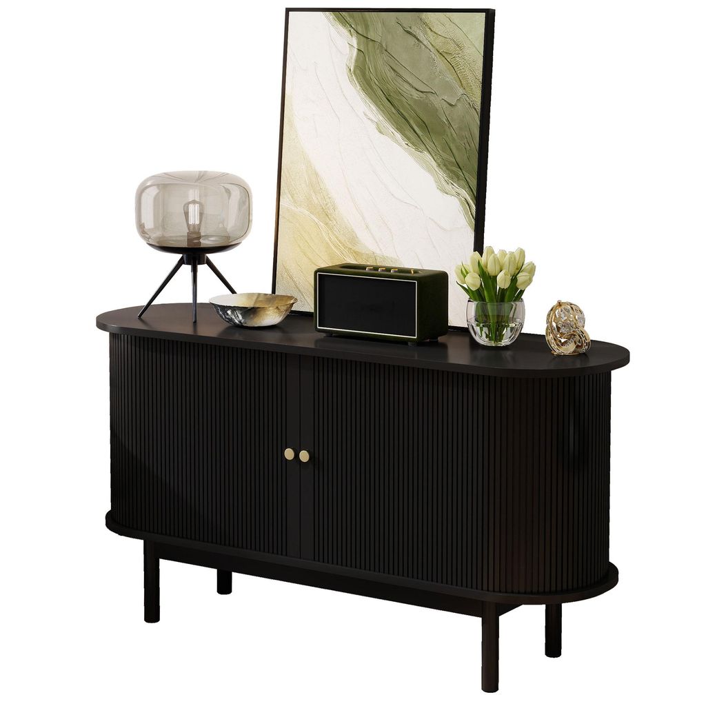 AIORBER Retro Sideboard Holz, Lamellen Kommode mit Schiebetüren und Kiefernholzbeinen, 138cm Schrank verstellbare Regale, Schwarz