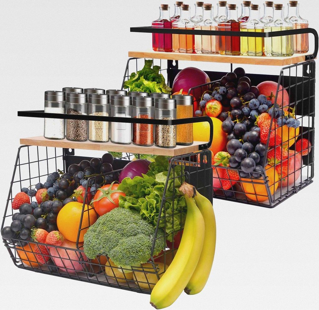 Magnetischer Hänge-Obstkorb & Gewürzregal: 2-in-1 Magnetregale für Kühlschrank Organizer, Küchenorganizer ohne Bohren mit Holzdeckel und 4 Hak...