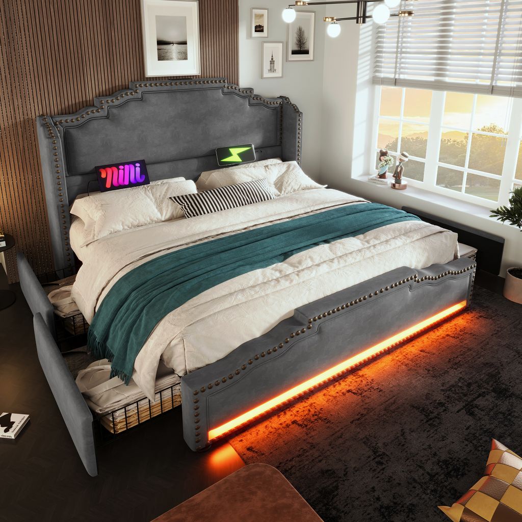 Flieks Lit rembourré 160x200cm avec USB & Type-C, Lit Image du produit 