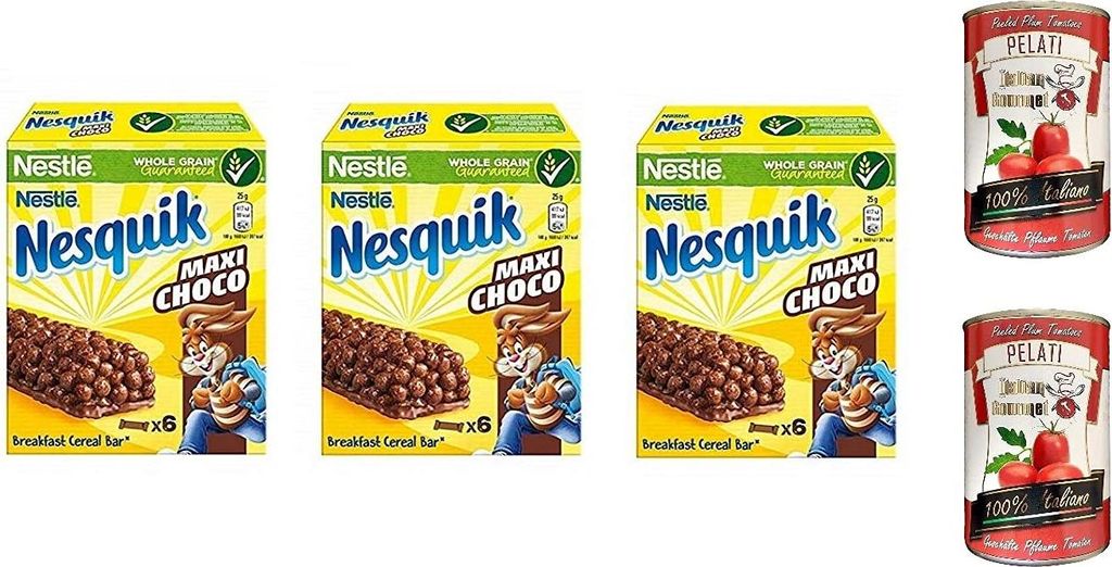 3x Nesquik Maxi Choco Schokoladensnack Schokoriegel 150g + Italian Gourmet 100% italienische geschälte Tomaten dosen 2x 400g