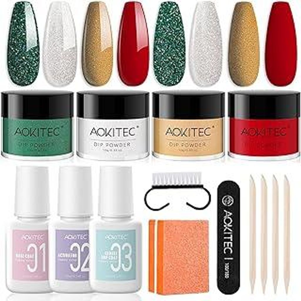 Aokitec 15-teiliges Dipping Powder Nails Set, Adventskalender 2025 Frauen, 4 Christmas Colors Dip Powder mit Rosa Nail Repair Powder Dip Liquid Set...