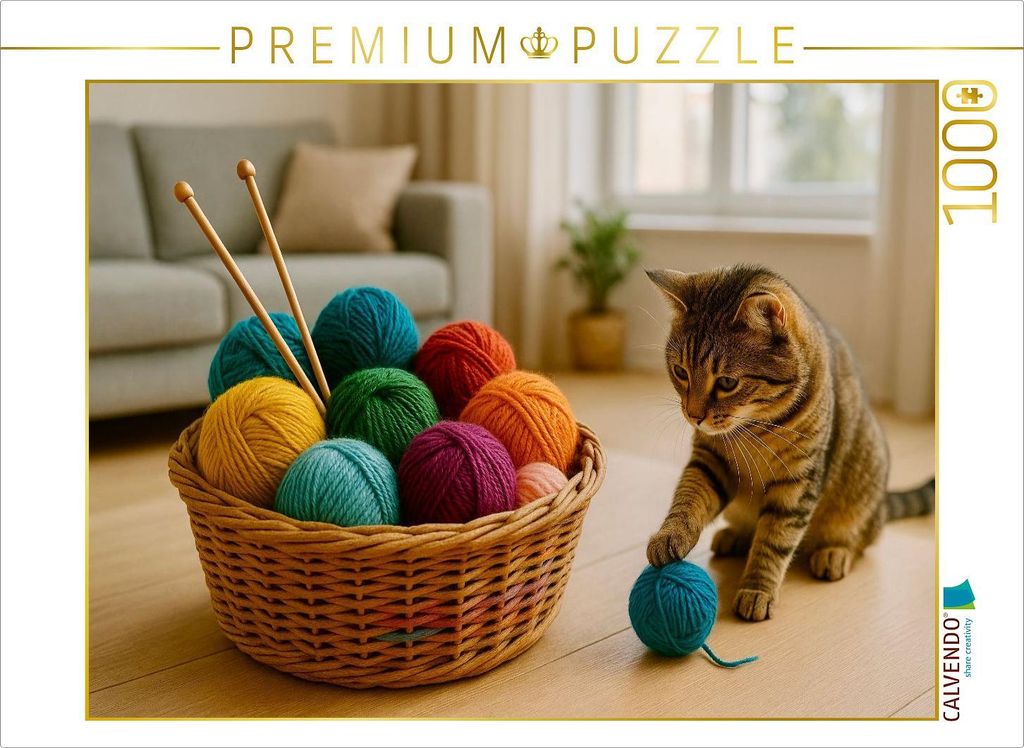 CALVENDO Puzzle Eine Katze spielt mit der Wolle | 1000 Teile Lege-Größe 64x48cm Foto-Puzzle für glückliche Stunden