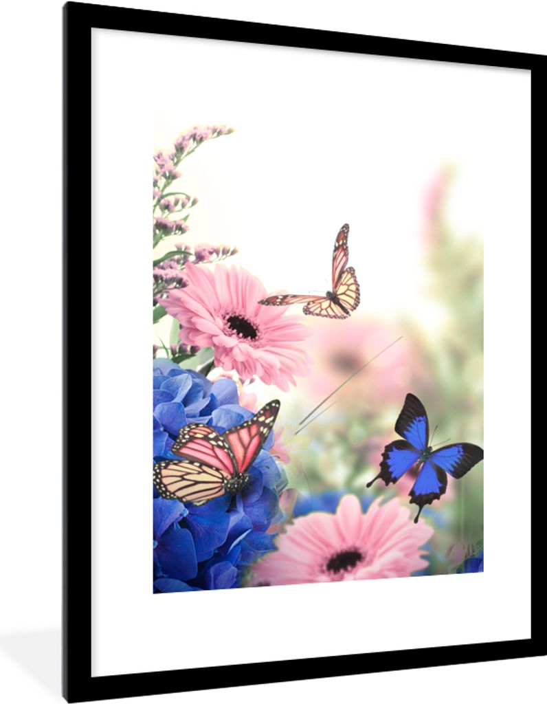 MuchoWow Gerahmtes Poster Schmetterlinge - Blumen - Hortensie - Insekten 60x80 cm - Poster mit Schwarzem Bilderrahmen Wandposter Rahmen Foto Bild...