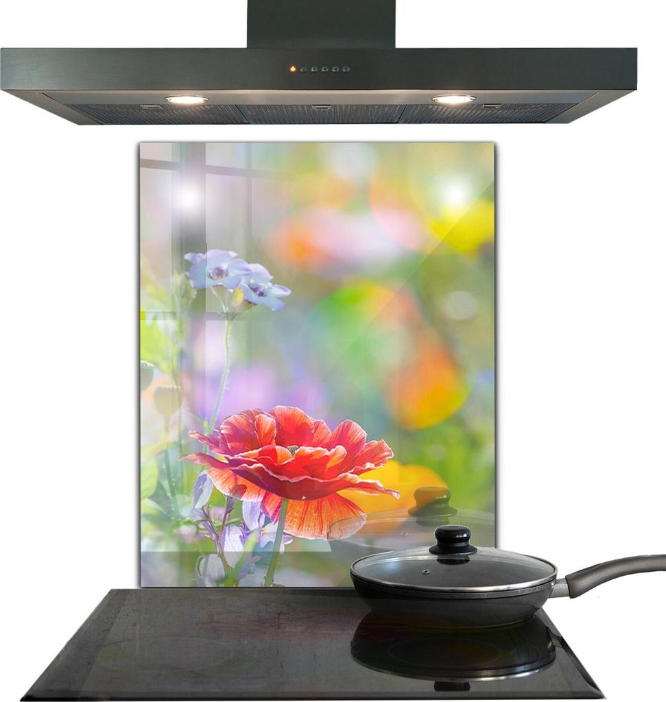Spritzschutz aus Glas Küchenrückwand - Wandschutz für Herd und Spüle - 60x80 cm - Sommerwiese Mohnblumen