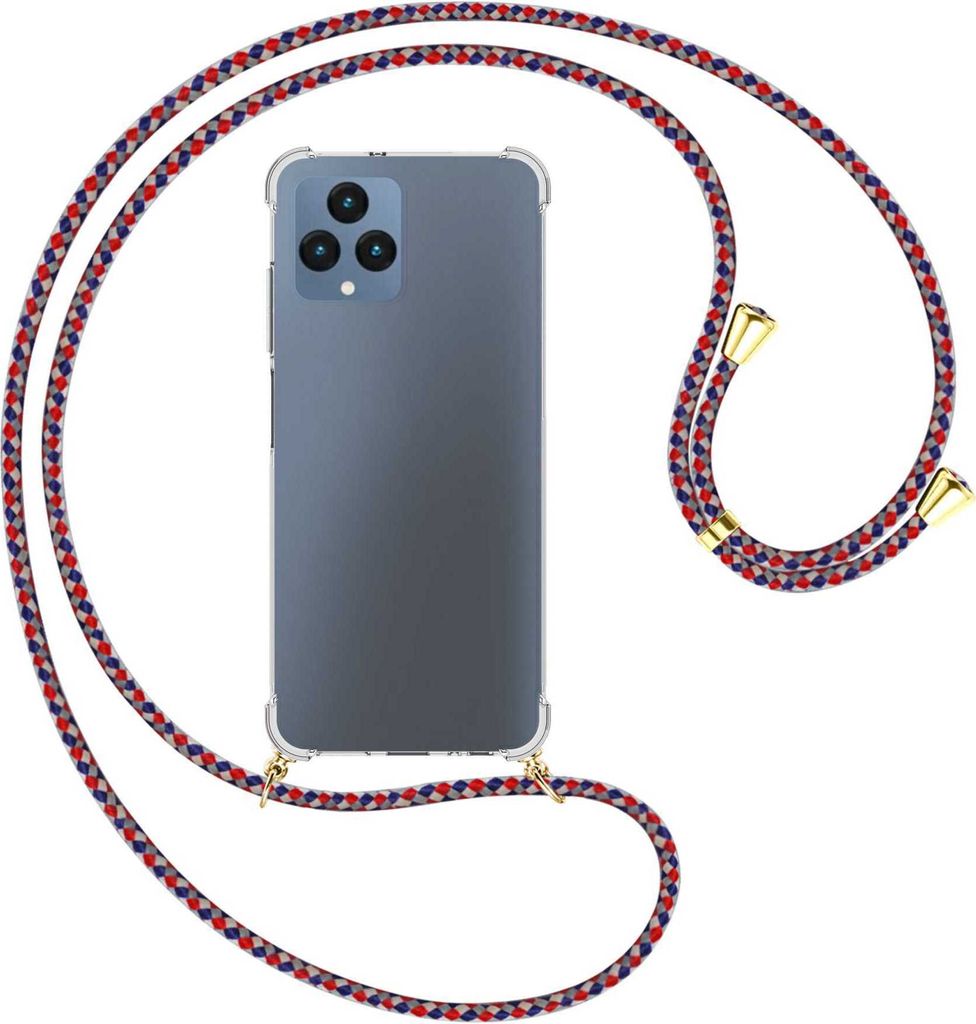Handykette Backcover-Schutzhülle mit Band (Metall goldfarben) für Telekom T Phone (T-Mobile Revvl 6 5G) - silber/blau/rot