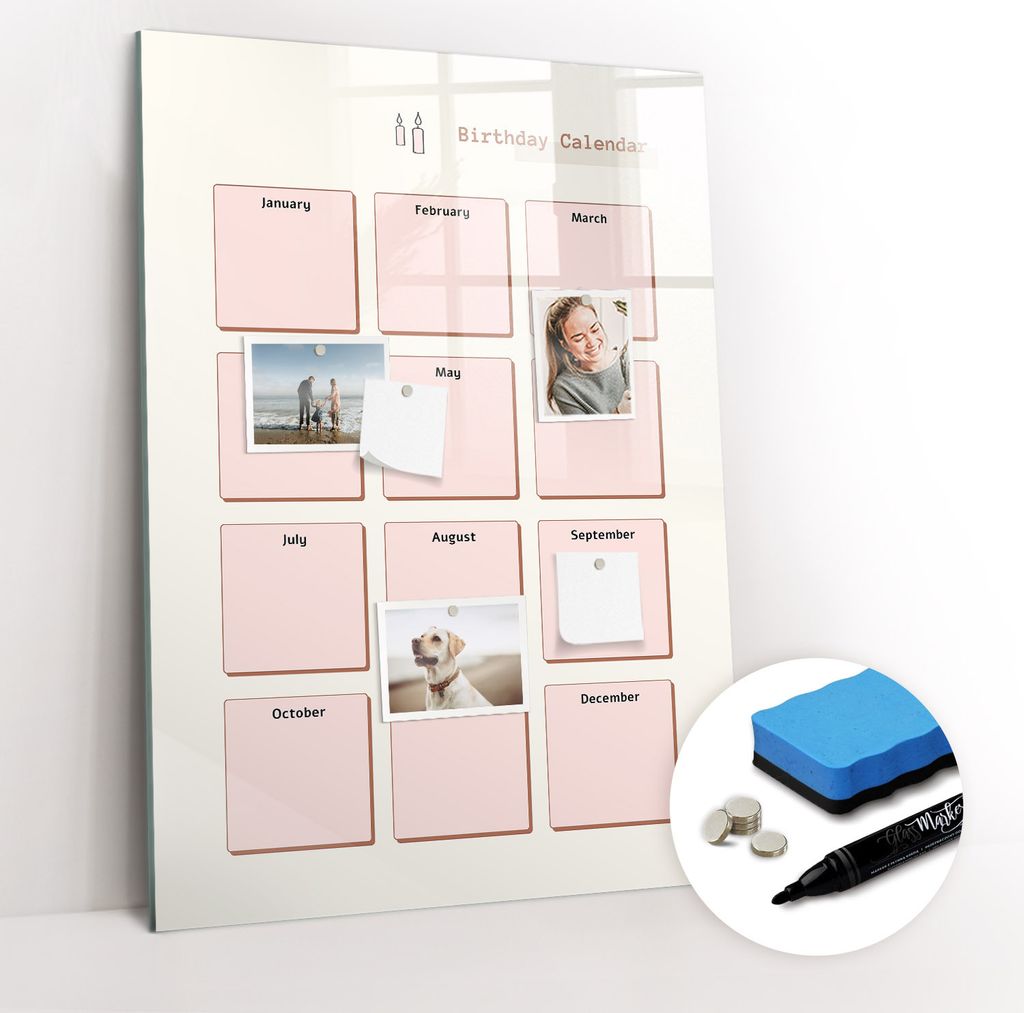 Magnetpinnwand Memoboard - Zubehörsatz - Schwarzer Marker + Schwamm + Magnete - 70 x 100 cm - Geburtstagskalender