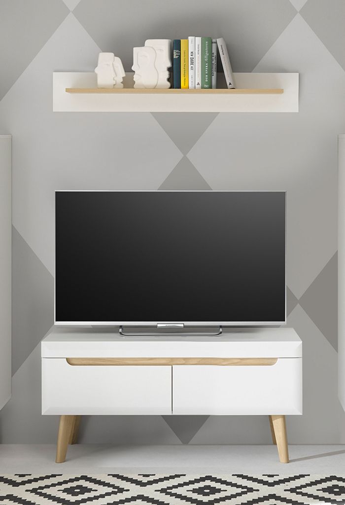 Wohnzimmer TV-Lowboard und Wandboard in Weiß Matt mit Eiche STOCKTON-61, 2-teilig