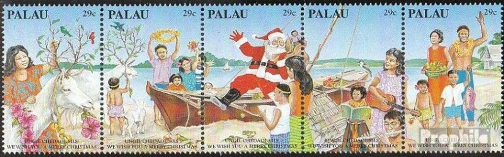 Briefmarken Palau-Inseln 1993 Mi 628-632 Fünferstreifen (kompl.Ausg.) postfrisch Weihnachten