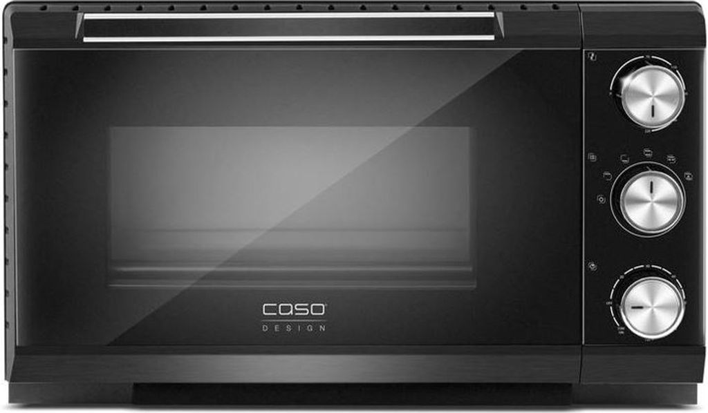 A black mini oven with silver control knobs is shown against a black background.