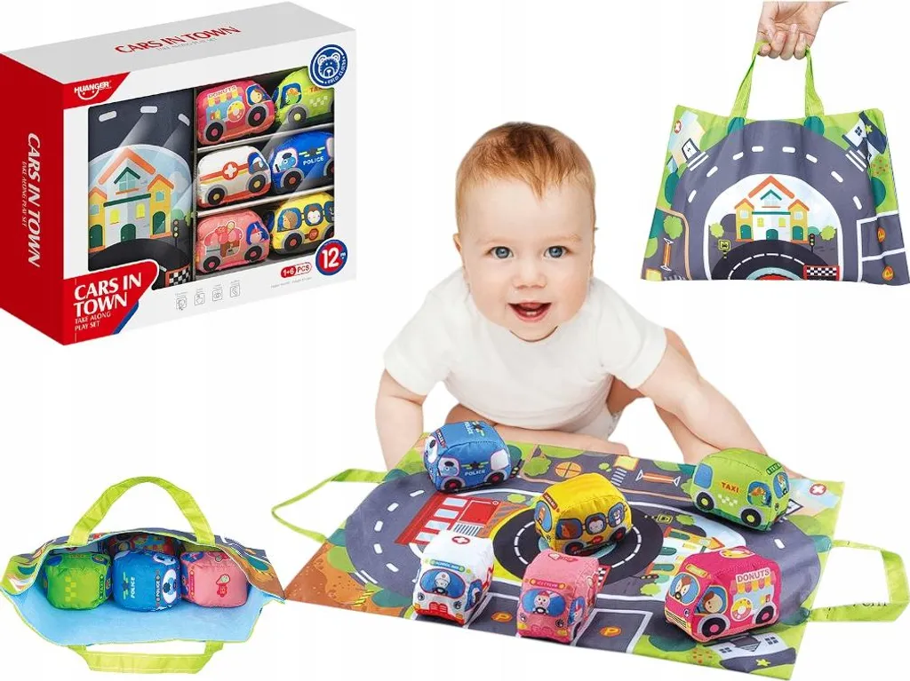 Set de 6 voitures souples avec tapis sensoriel coloré pour l'éveil bébé
