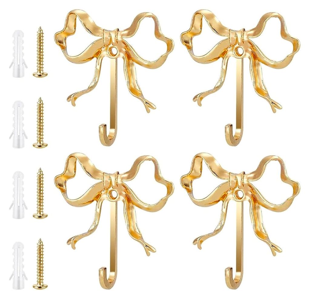 4 Stück Wandhaken, goldene Kleiderhaken zur Wandmontage, Taschenaufhänger mit Schleife, Raumdekoration für Mäntel, Wohnzimmer, Badezimmer, Schl...
