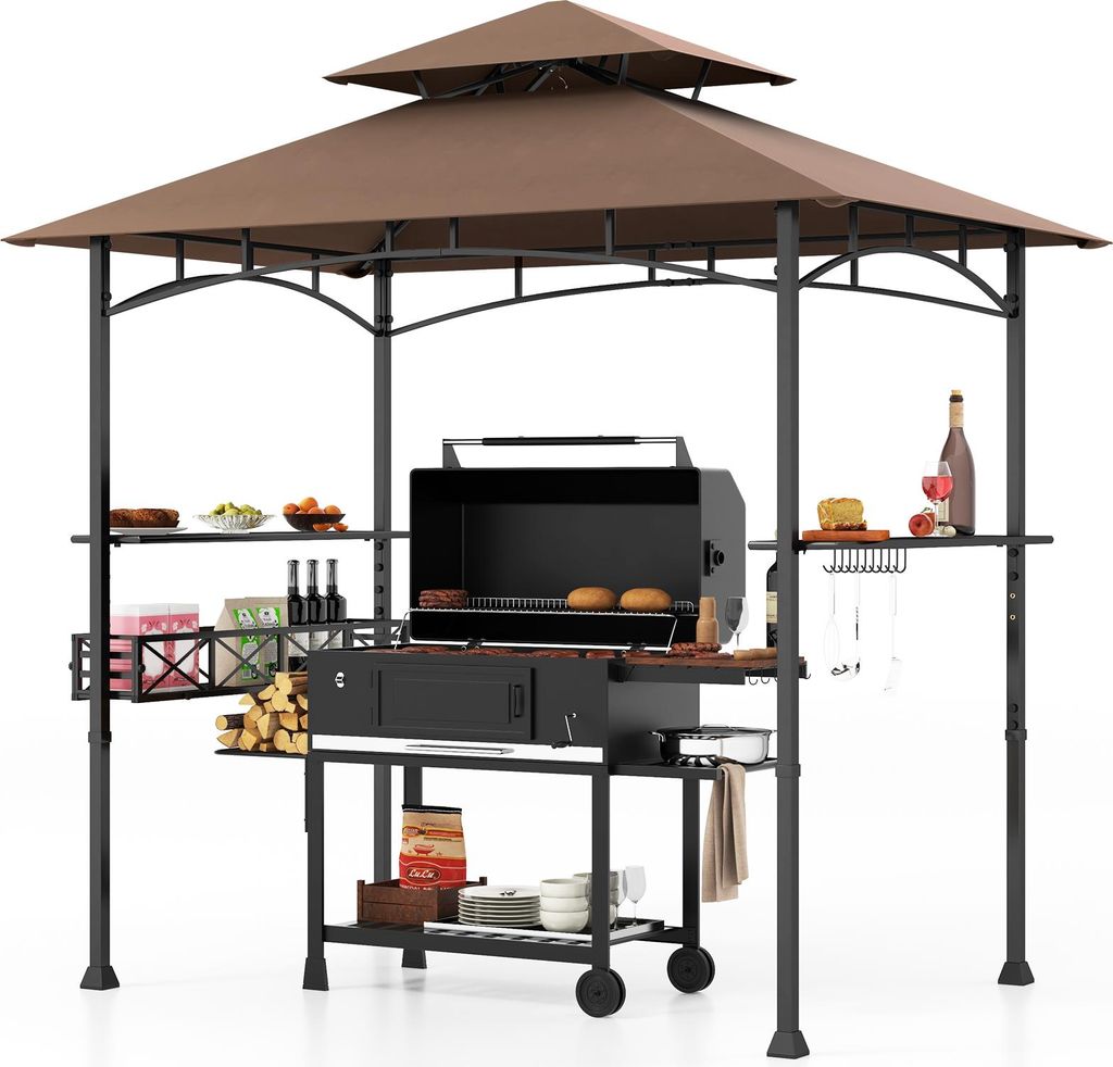 Goplus 242 x 153 cm Outdoor Grill Pavillon, Doppelstöckiges BBQ-Partyzelt mit 2 Seitenregalen, 20 Haken, Flaschenöffner & Aufbewahrungskorb, Braun