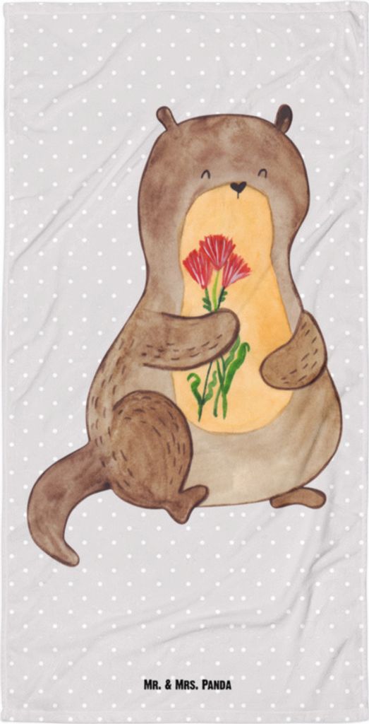 Mr. & Mrs. Panda Handtuch Otter Blumenstrauß - Grau Pastell - Geschenk, Duschtuch, Großes Badehandtuch, Süß, Seeotter See, Strandtuch, Duschhan...