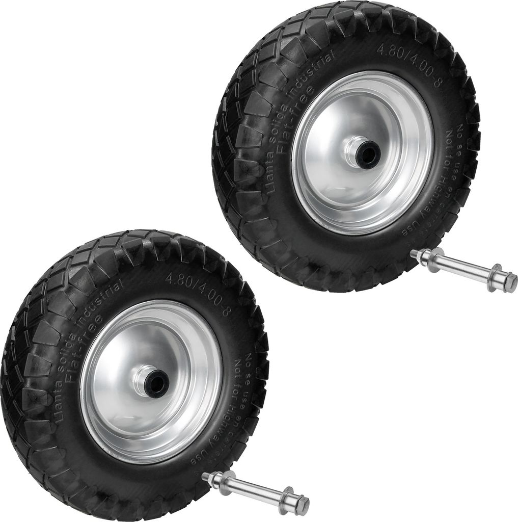 ECD Germany 2er Set Schubkarrenrad mit Blockprofil aus pannensicherem PolyurethanVollgummi, Ersatzrad Gummirad mit Achse, 4.80/4.00-8, Durchmesser ...