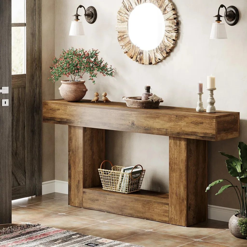 Table Console à 2 Niveaux 160cm - Design Piètement U Bois Brun Rustique - 2