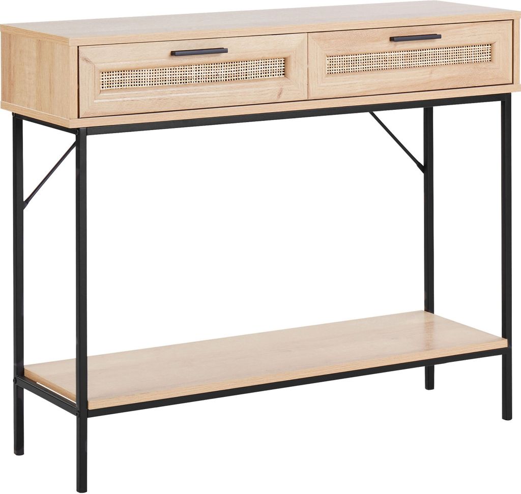 BELIANI Konsolentisch Heller Holzfarbton Schwarze Metallbeine und Handgriffe Boho Stil Drei Rattan Schubladen Schmal Hoch Schlafzimmer Wohnzimmer Flur