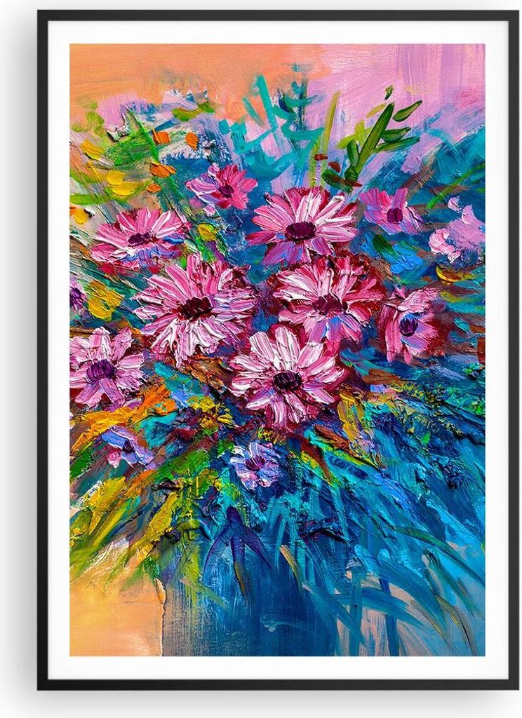 Gerahmtes Poster - Schwarzer Rahmen - Blumenstrauß Blumen Öl - 70x100 cm - Wand Bild - Wanddeko - Wandbilder - Kunstposter - Wandposter - Bilderr...