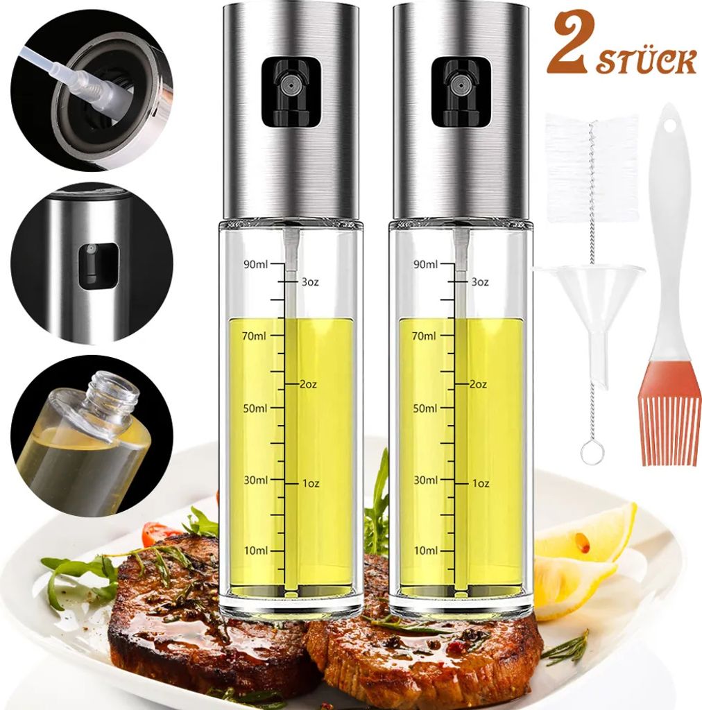 2 Stück Öl Sprayer Zerstäuber, 3 in 1Ölsprüher mit Ölspender Bürste Trichter Cooking Spray