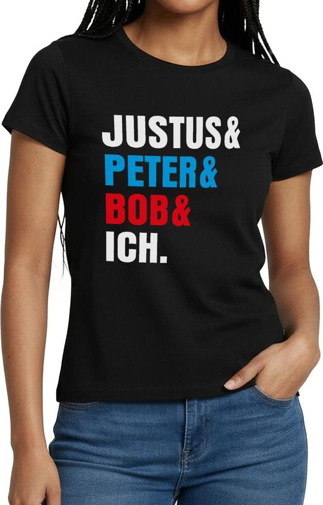 Spreadshirt Die Drei ??? Justus& Peter& Bob& Ich Frauen T-Shirt, L, Schwarz
