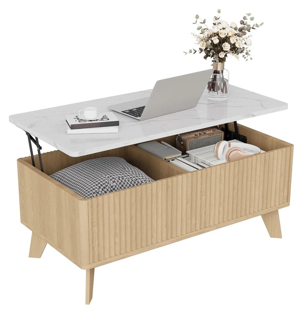 Moderner Couchtisch - Lifftop Couchtisch mit Stauraum - Tischplatte in Marmoroptik - Höhenverstellbar - Kiefernholz 105x84x42 cm - Naturholz
