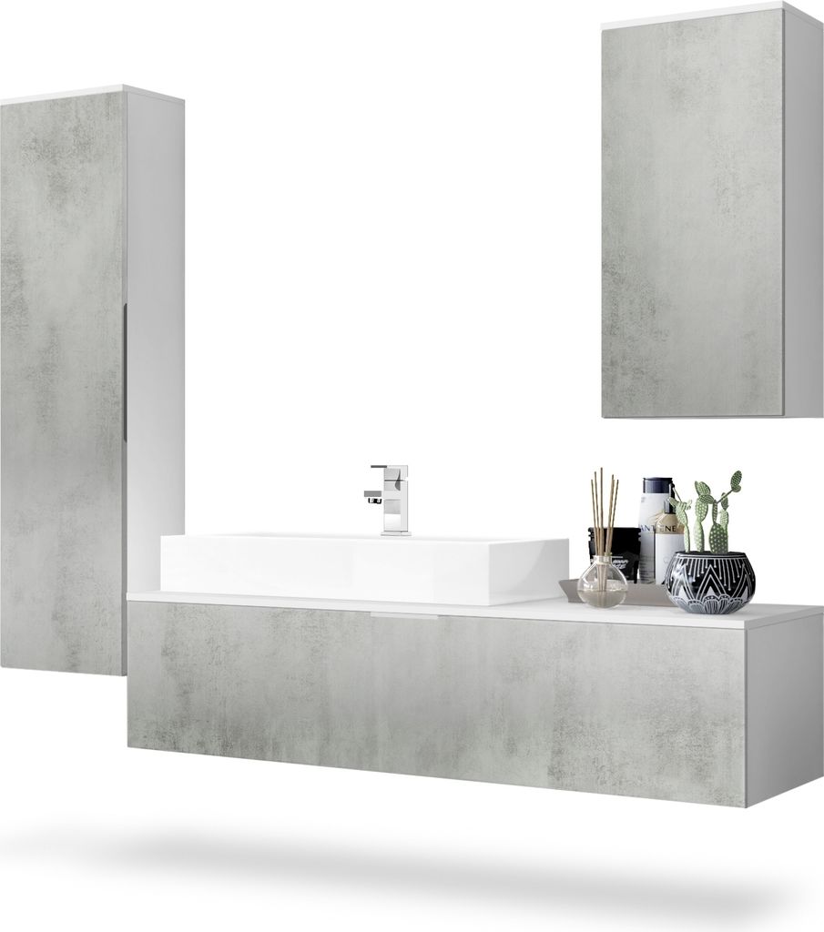 Vladon Badmöbel Komplettset Beach, Germany, Korpus in Weiß matt / Fronten in Beton Oxid Optik, mit Aufsatzwaschbecken und Armatur