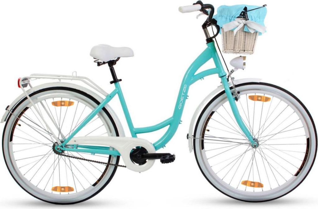Goetze Style 26 Zoll City Bike, 43 cm Tiefeinsteiger, 1-Gang mit Rücktrittbremse hinten & V-Bremse vorne, LED-Beleuchtung, Rattankorb mit Bezug