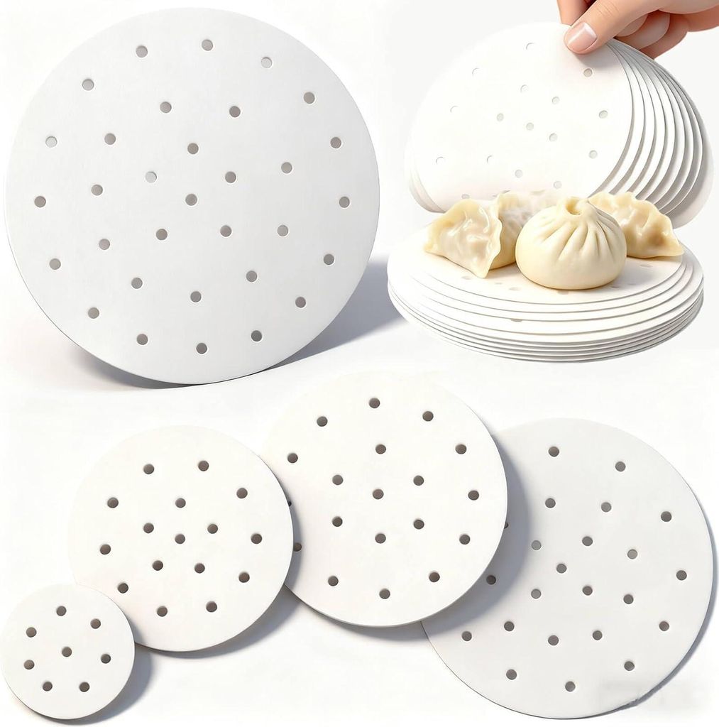 250 Stück Dim-Sum-Papier, rundes Backpapier Ø 9/15/17/20/25 cm als Unterlage für Bambusdämpferkörbe, Heißluftfritteusen, Dampfgarer, Heißluf...