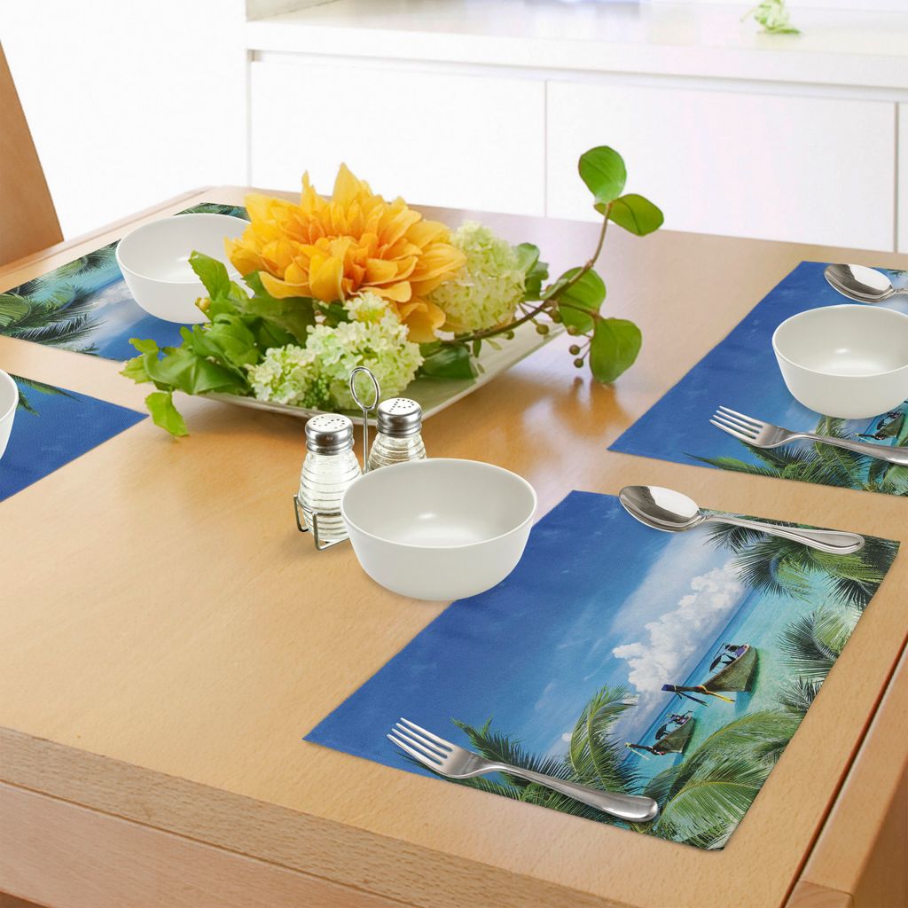 ABAKUHAUS Reise Platzmatten, Exotischer hawaiischer Strand mit Palmen und Fischerboot-Paradies-Bild, Tiscjdeco aus Farbfesten Stoff für das Esszim...