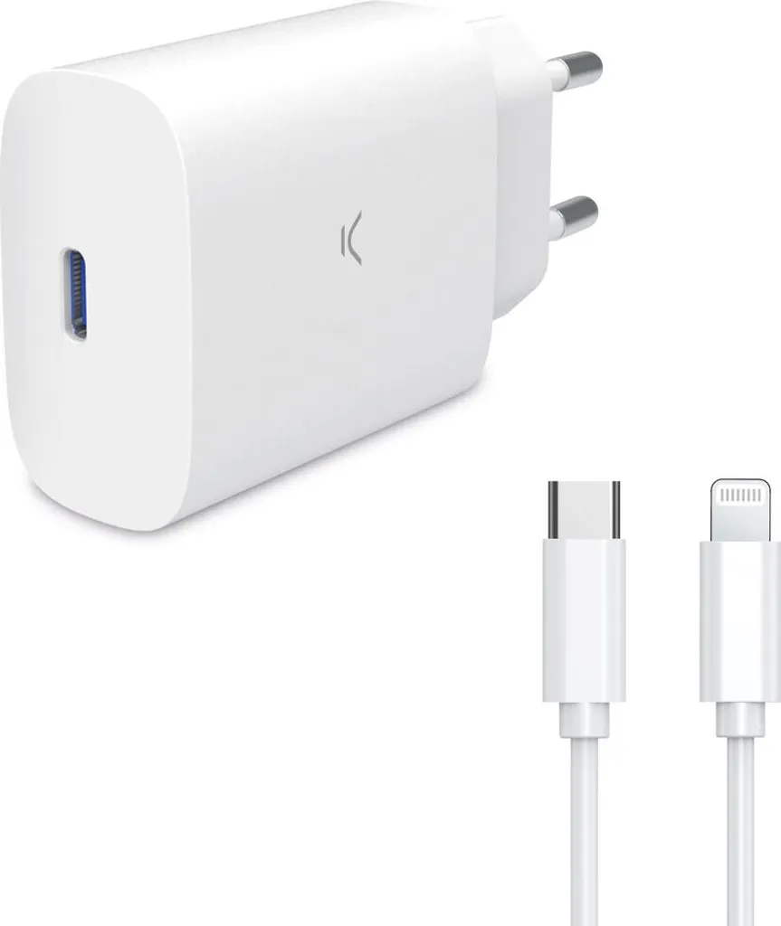 Chargeur Rapide iPhone 30W USB-C KSIX, Prise Secteur et Câble Lightning