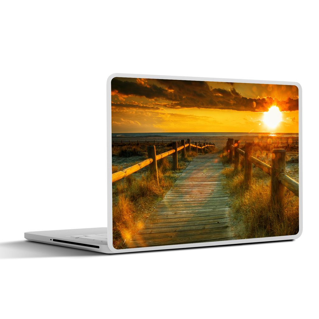 MuchoWow Laptop Aufkleber Sticker Cover Sonne - Strand - Düne - Horizont - Gras - Weg - Orange 25x18 cm - Laptop-Deko
