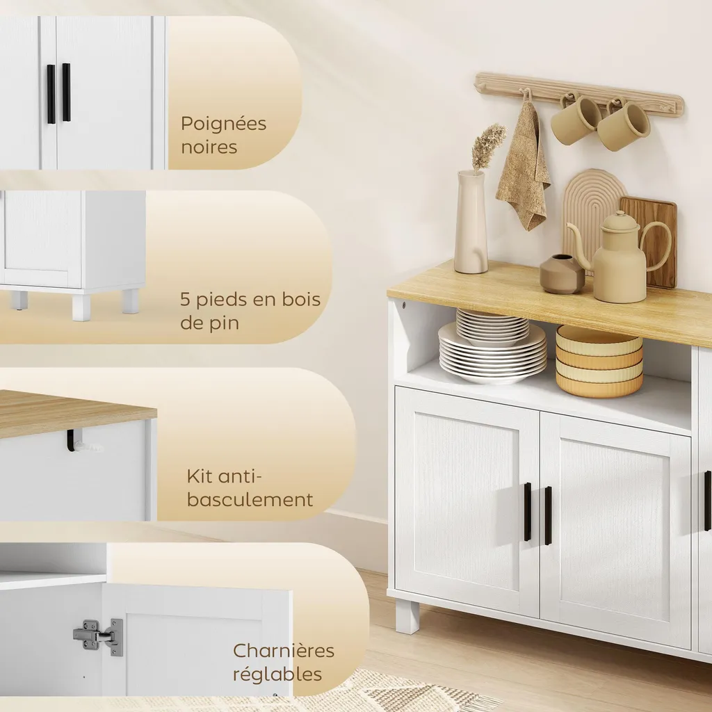 Buffet de Cuisine Moderne Blanc avec Étagères Réglables et Rangement