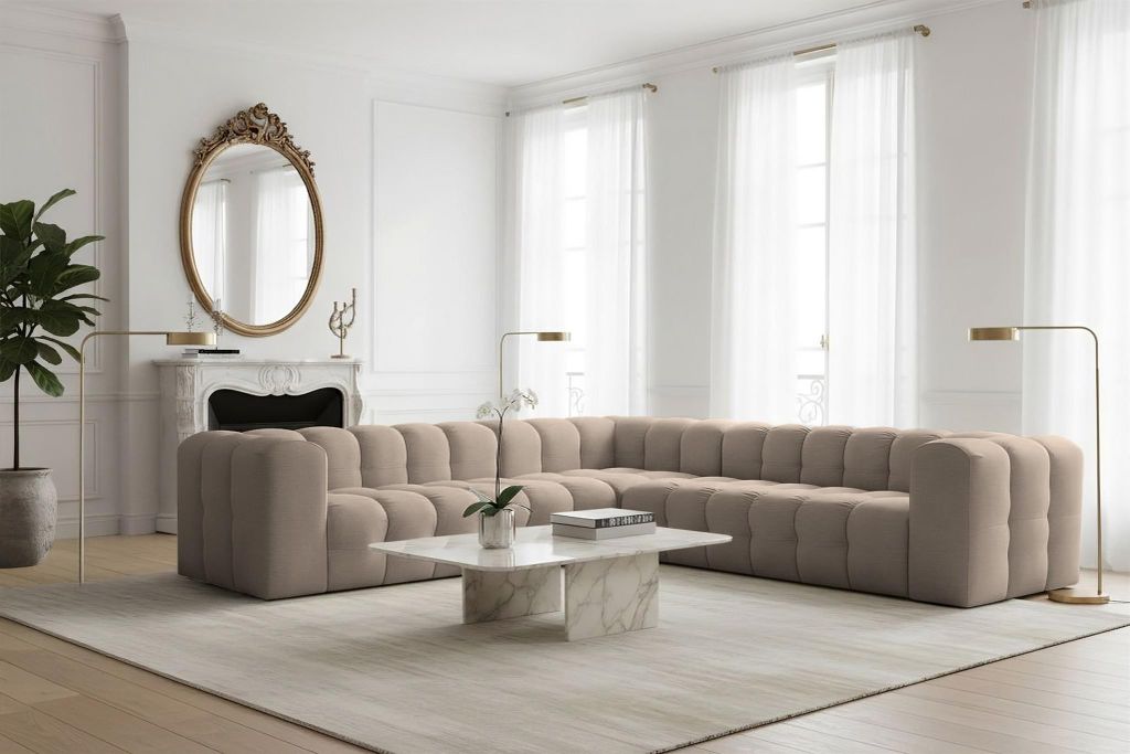 Ecksofa Designersofa SOLVIE in Stoff Tiffani Taupe Seite Universal